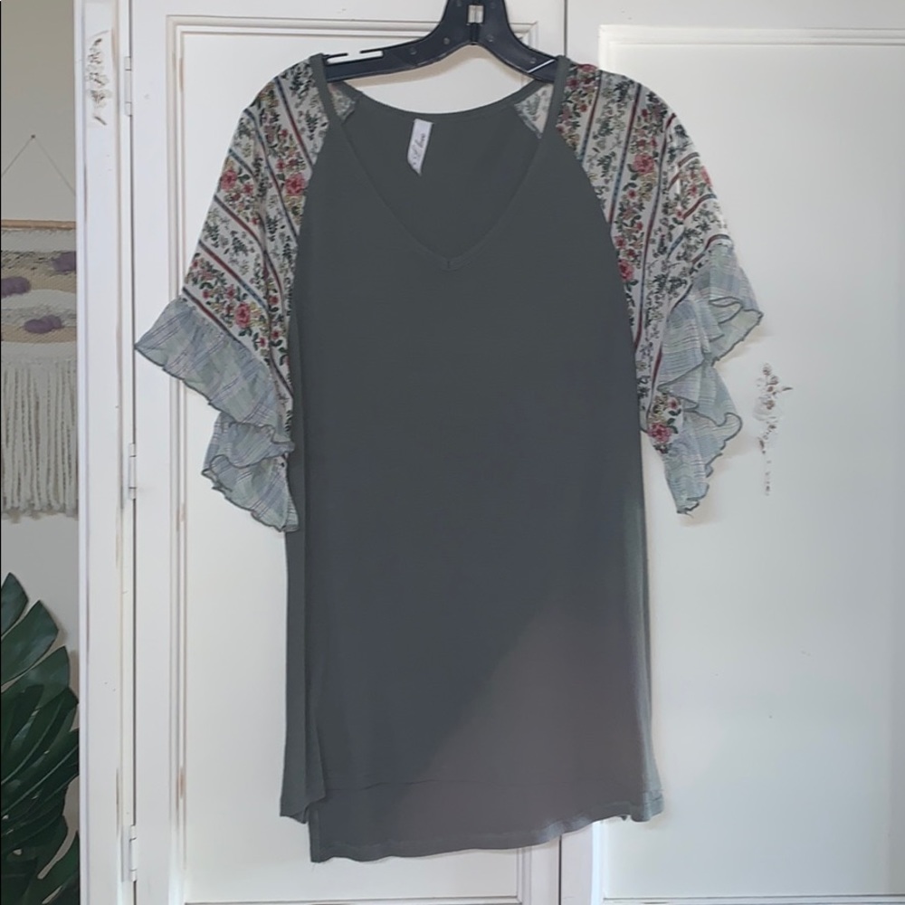 Green Floral Ruffle Top